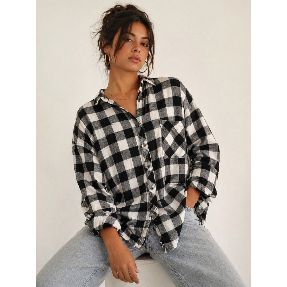 Hester & Orchard Black White Buffalo Plaid Button Down Shirt Herringbone XL